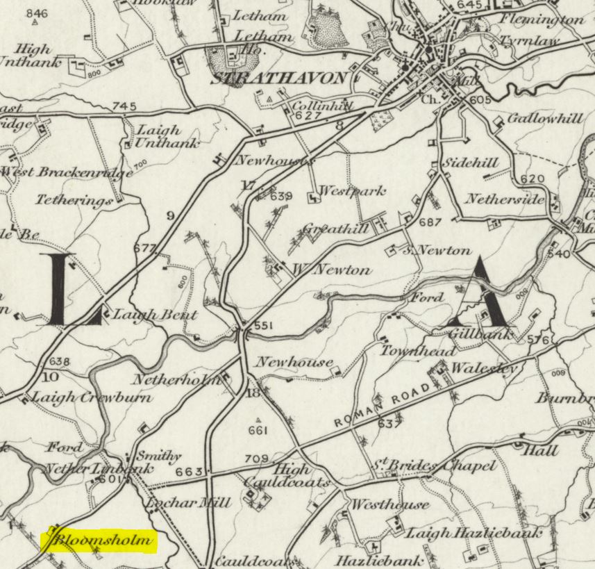 Map showing location of Bloomholm Farm in relation to the town of Strathaven